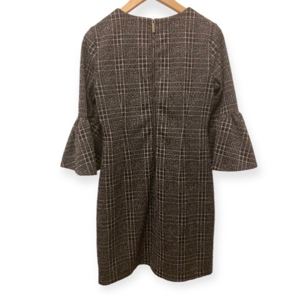 Calvin Klein 8 Bell Sleeve Shift Dress Tweed Black Gray Stretch Plaid Sheath - Picture 4 of 12